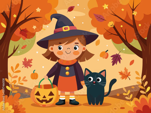 Cute Little Witch and Black Cat Trick or Treating in Autumn Forest – Halloween Illustration