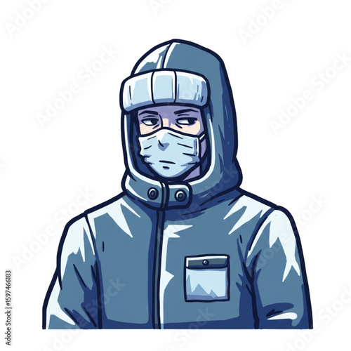 Cartoon person wearing hooded jacket and face mask with serious expression on their face