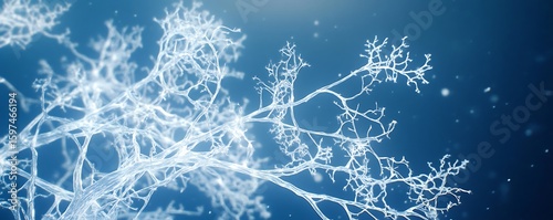 Icy white neuro branches with soft electric glow across midnight blue field