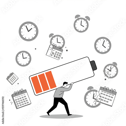 Exhausted man struggles under the weight of time and deadlines, symbolized by a low battery and numerous clocks and calendars.