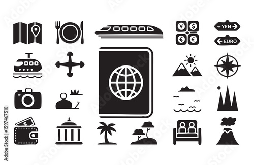Travel icons passport map train currency and more tourism