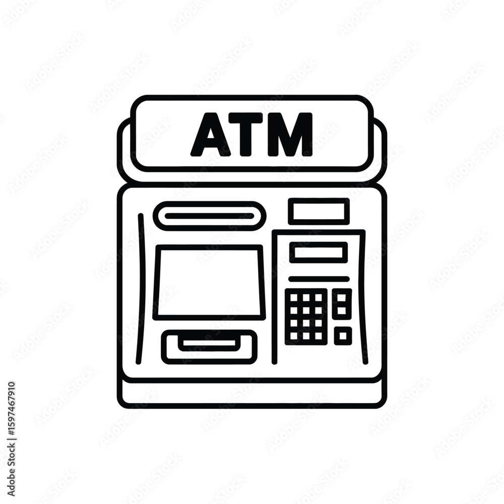 ATM Machine Icon in Black and White Outline Style ATM Machine Icon in Black and White Outline Style