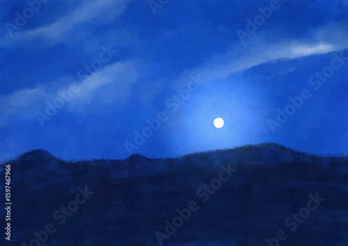 月と山の稜線が見える夜空の風景のイラスト素材　ベクター