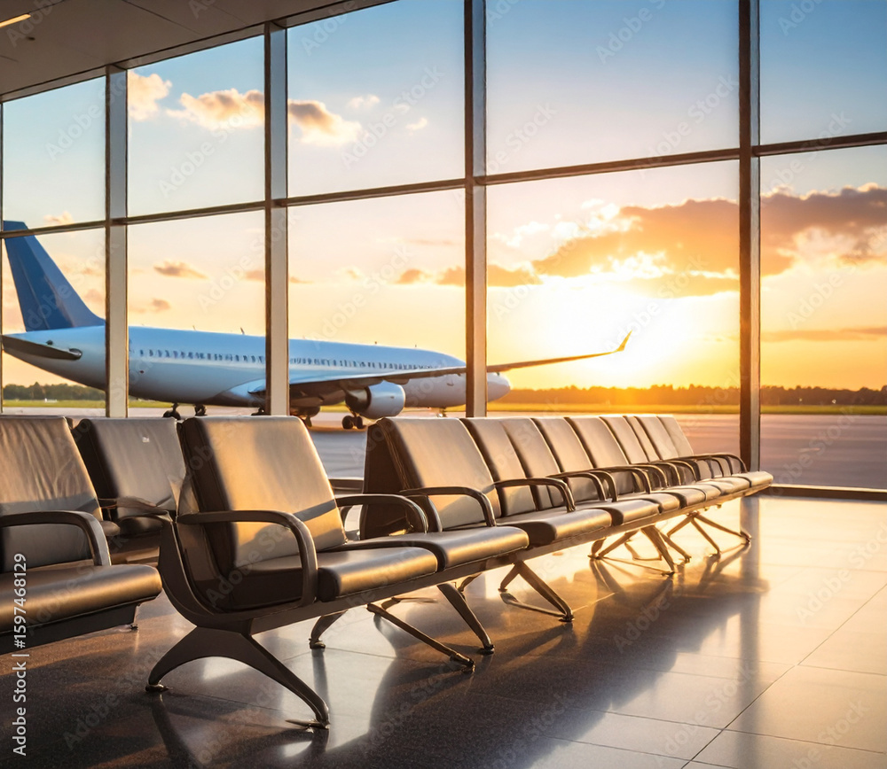 Fototapeta premium una sala de espera de un aeropuerto Modern vacía con sillas negras y un avion de pasajeros aparcado en la pista de despegue 