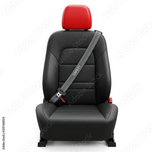 Black car seat with red headrest and grey seatbelt
