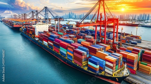 Large cargo container ship with colorful containers and red cranes docked at a busy port during sunset with a city skyline in the background
