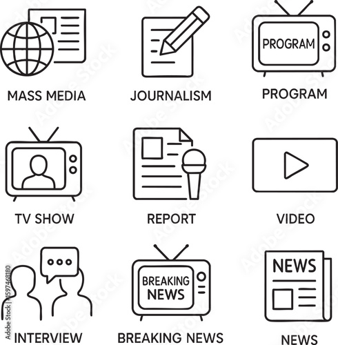 Mass Media and Journalism Line Art Style Icon Set, News, Interview, Video, and TV Vector Icons