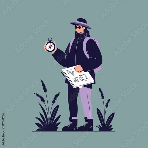 Traveling Woman Holding Compass and Sketchbook in Field, Wearing Hat and Sunglasses