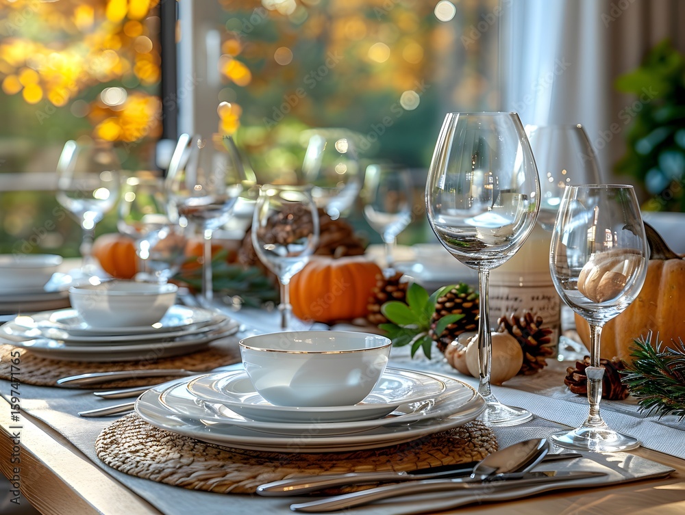 Fototapeta premium Chic Fall Table Setting with Pumpkins, Glassware, and Autumn Light