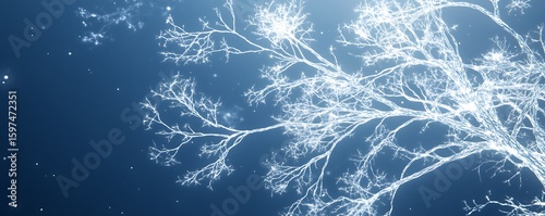 Icy white neuro branches with soft electric glow across midnight blue field