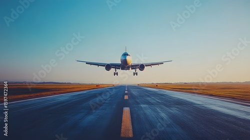 Commercial airplane taking off from runway during sunset with clear blue sky, high-resolution aviation image, transportation and travel concept