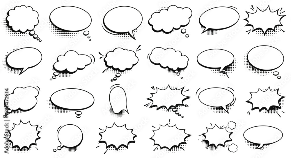 Fototapeta premium Vector Illustrations: Spiky, Cloud, and Rectangular Bubbles