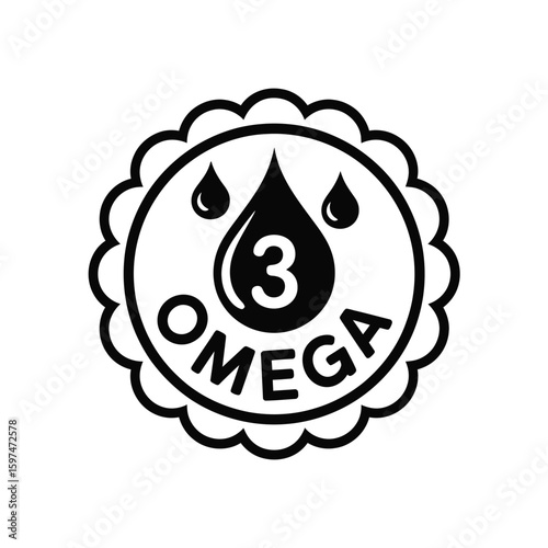 Omega 3 icon with drops in black and white style