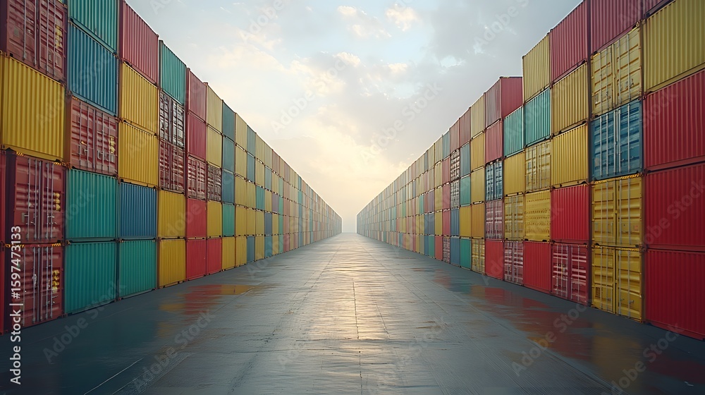 Fototapeta premium Stacked colorful shipping containers forming a tunnel with a bright sky and clouds in the background
