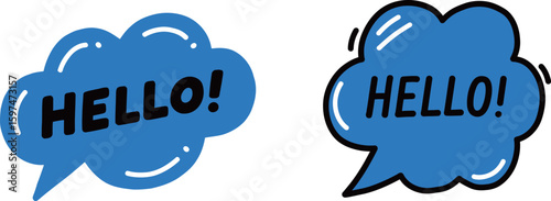 Friendly "HELLO!" speech bubbles in a vibrant blue color, ideal for greetings and welcome messages.