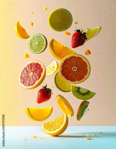 sliced fruits floating in the air