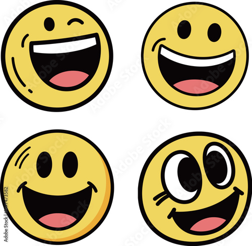 Set of cheerful and laughing emoji faces, conveying happiness and joy with wide smiles.