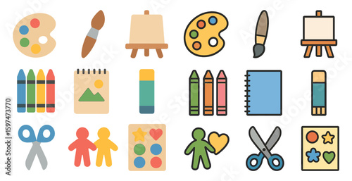 Art tools flat icons set – creative, design, craft supplies symbols