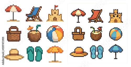 Summer beach and vacation pixel art icons set – isometric, flat, travel symbols