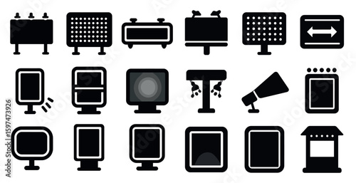 Advertising and billboard solid icons set – marketing, signage, promotion symbols