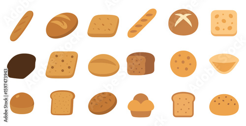 Bakery and bread flat icons set – baked, pastry, and confectionery graphics