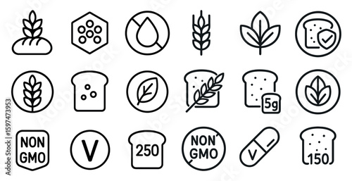 Gmo-free outline icons set – non-gmo, health, organic food symbols