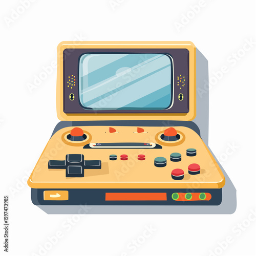 Flat vector illustration of a retro game console with wired controller, 90s style, simple design with soft colors and shadows