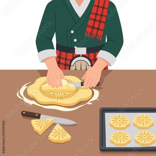 Person Baking Shortbread Cookies in Tartan Kilt Making Scottish Dessert