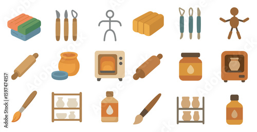Pottery and sculpting flat icons set - ceramics, crafting, artisan tools collection