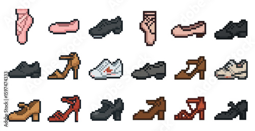 Shoes pixel art icons set – retro, footwear, detailed design elements