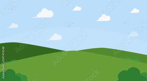 Landscape background, bright green grass field, blue sky with clouds behind, green tone color to match nature.
