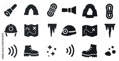 Caving and exploration solid icons set – flat, filled, adventure tools and gear visuals