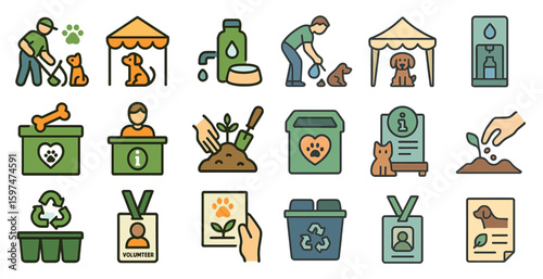 Animal shelter flat icons set – rescue, adoption, pet care and volunteering symbols