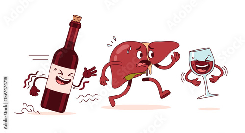 Cartoon liver fleeing from wine bottle and glass with a worried face