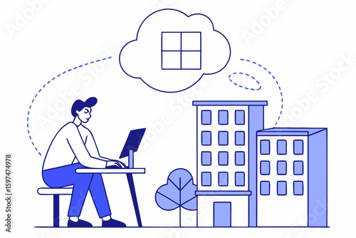 Hotel property management system concept with businessman on computer, showing digital hospitality solutions and cloud-based PMS icons, modern flat illustration style