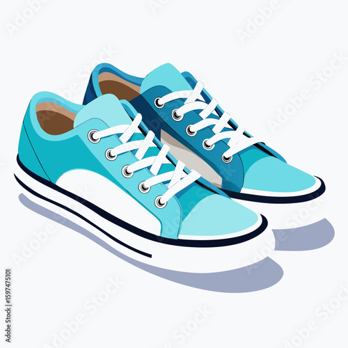 Pair of stylish blue canvas sneakers with white laces and soles on a white background
