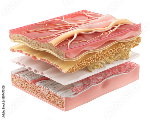Layered skin cross section showing arterioles venules connective tissue fat and muscle structure detailed anatomy medical illustration educational realistic healthy