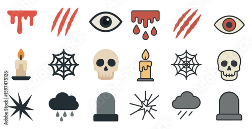 Halloween flat icons set – spooky, filled, horror and ghostly symbols for october