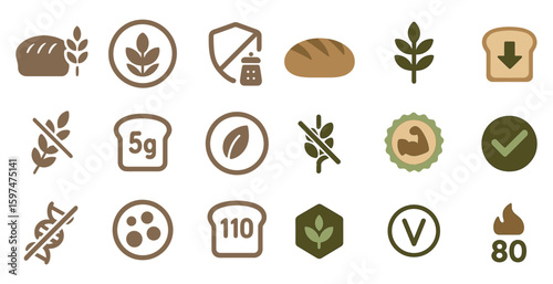 Bakery and gluten-free icons set – flat, filled, bread and dietary symbols