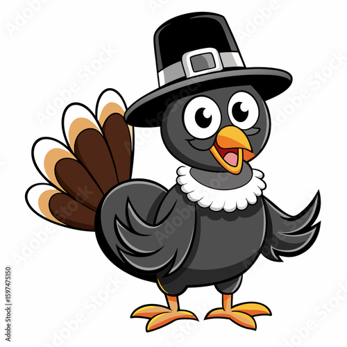 Cute cartoon turkey wearing a pilgrim hat and ruff collar celebrating thanksgiving