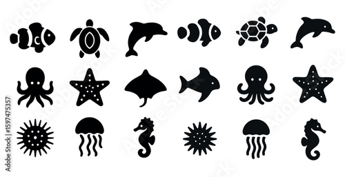 Marine life silhouette icons set – sea creatures, aquatic, oceanic symbols