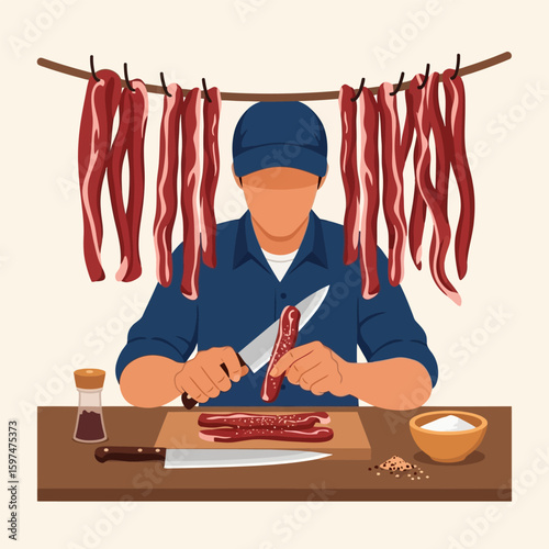Faceless Man Cutting Fresh Red Meat with Sharp Knife on Wooden Board at Table