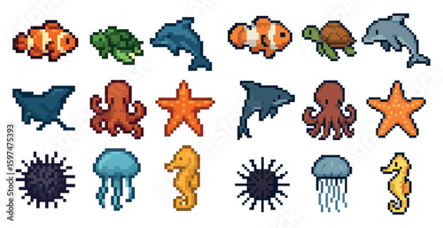 Marine life pixel art icons set – ocean creatures, aquatic, sea life symbols