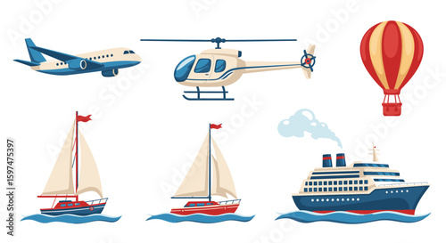 Variety of transportation methods including air, sea, and sky travel