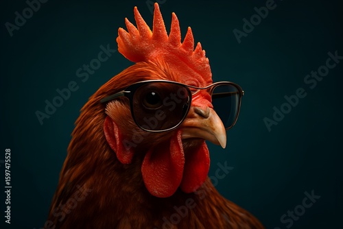 Chicken wearing sunglasses close up portrait rooster