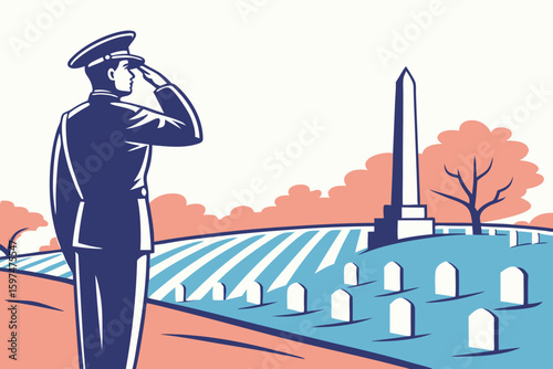 Memorial Day tribute with soldier saluting at Arlington Cemetery, honoring national sacrifice, modern flat illustration style