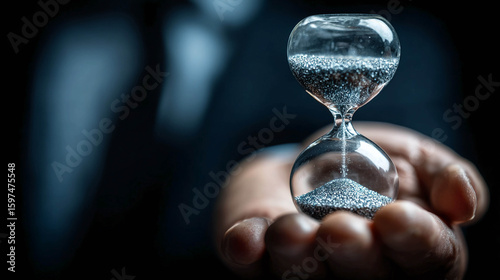 An hourglass held in a person's hand.