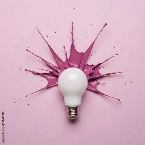 Creative Light Bulb with Pink Paint Splash on Pastel Background