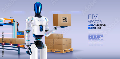 Humanoid anthropomorphic robot with artificial intelligence or AI works on an conveyor belt sorting boxes on warehouse or logistics center. Electronics robotics in Industrial automation. Industry 4.0