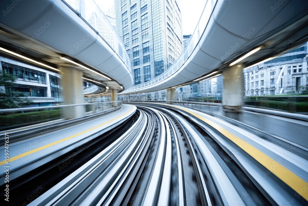 Fototapeta premium Urban elevated train tracks curving through city